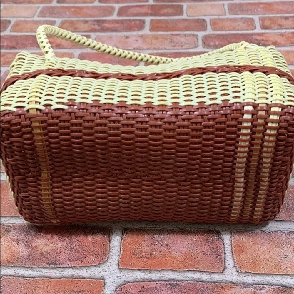 Elegant Cream and Brown Woven Tote with Curved Handles